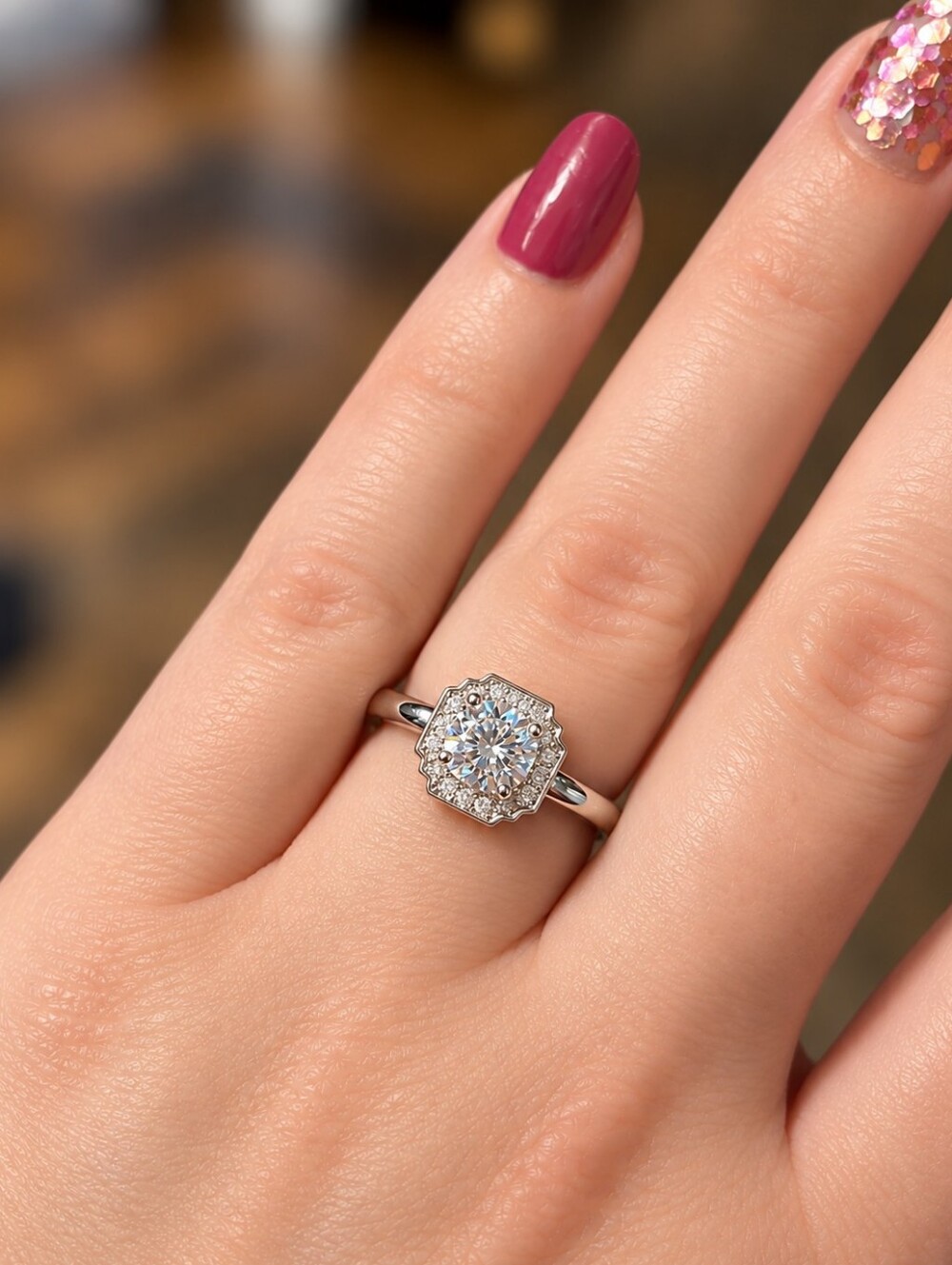 New 1.0ct Moissanite Halo Solitaire Ring in White with Silver Setting Sz 10